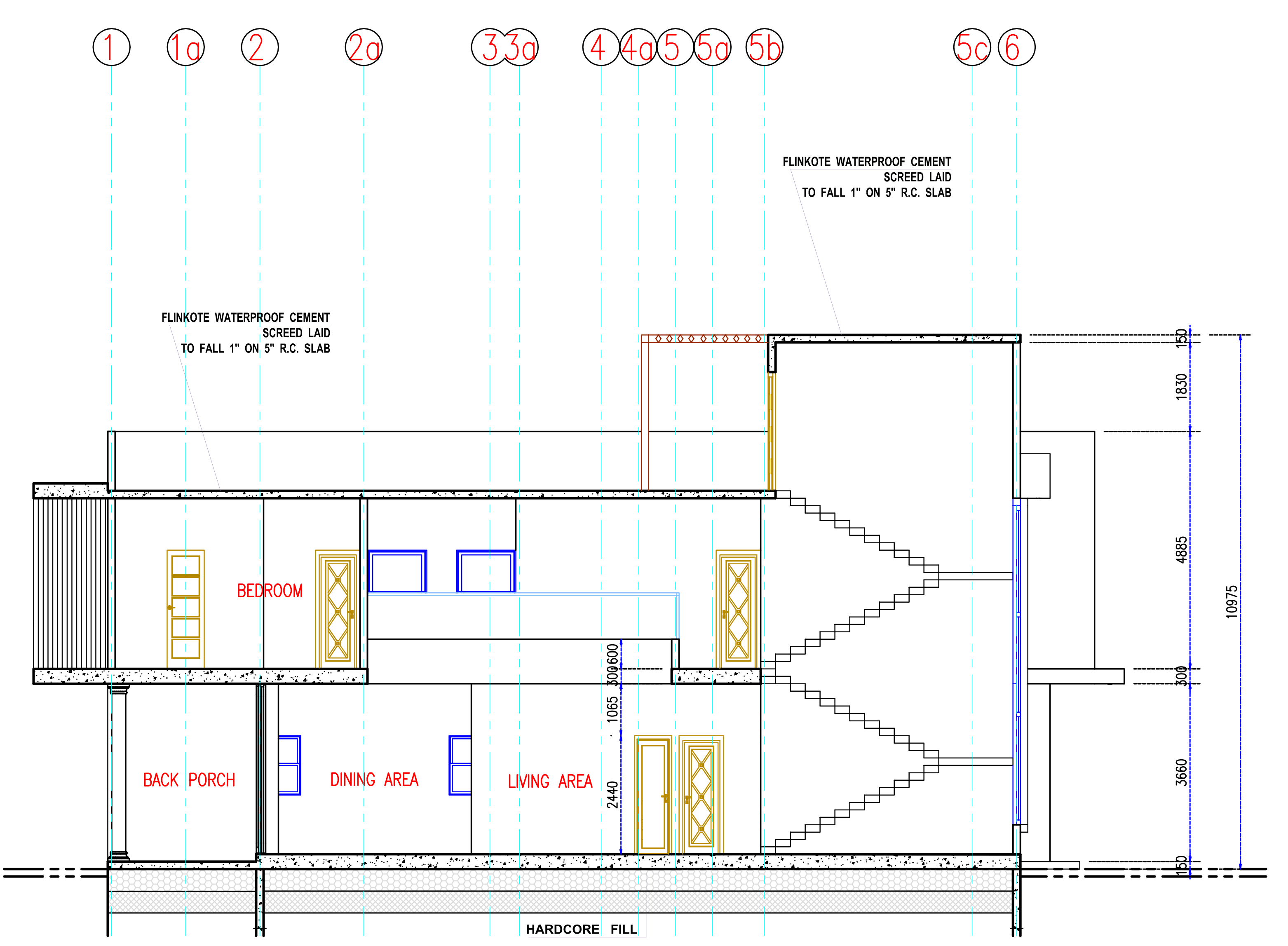 Long section through Project Topaz, cut from the back porch through the dining and living areas to the stair, with a bedroom over and a roof terrace above that. Grid lines are numbered 1 to 6 across the top and floor-to-floor dimensions run down the right-hand side.